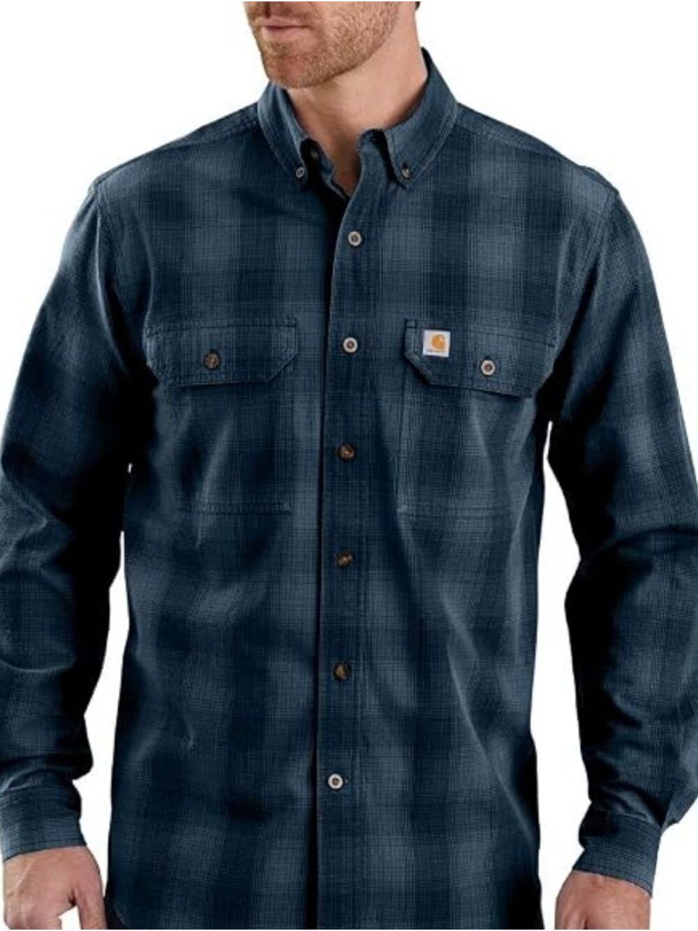 CARHARTT FORT PLAID LONG-SLEEVE BUTTON-DOWN SHIRT NAVY PLAID MEDIUM